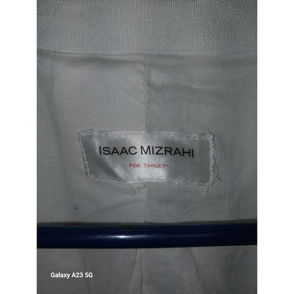 Isaac Mizrahi Women's Large Linen Blazer Cream Navy Pinstripes - Picture 4 of 7